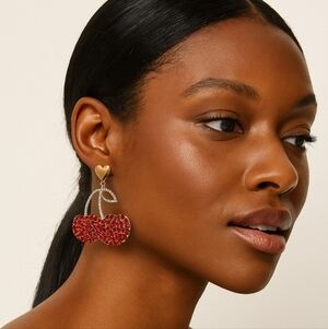 Bebe Cherry Rhinestone Crystal Earrings Heart Gold Red Green Clear
